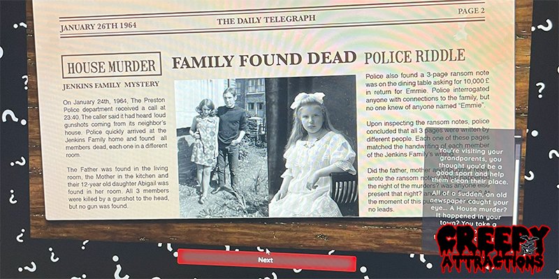 A photograph of the PC showing game play from Masters of Mystery: The Haunting of Emmie Jenkins. A mocked up front page of a newspaper telling the story of the plot 