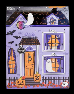 A photograph of a halloween advent calendar shaped like a haunted house, The illustration is purple with a black roof and orange door, there are pumpkins on the front steps and ghosts in the windows